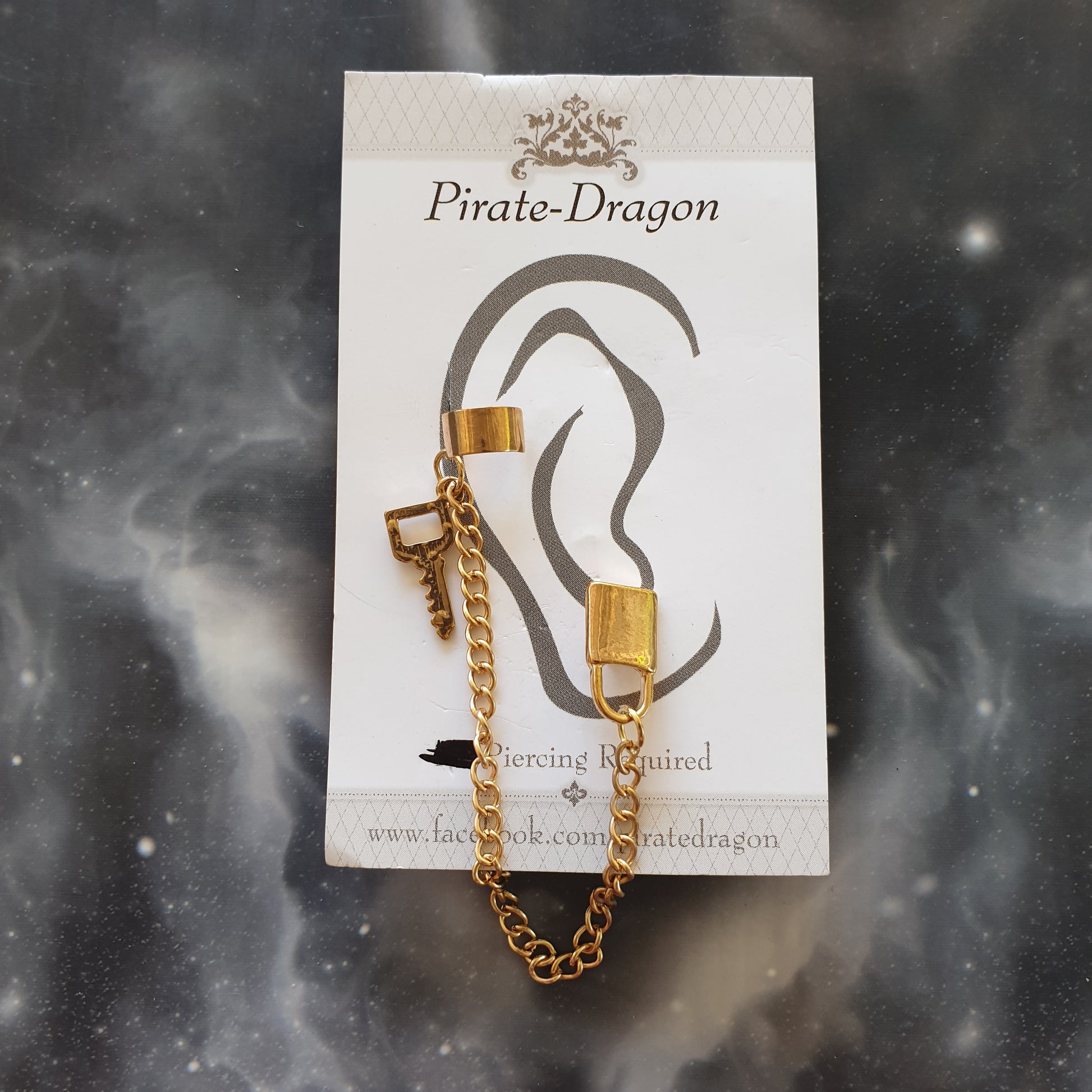 Gold Padlock & Key with Chains Pierced Earcuff (EC91609)