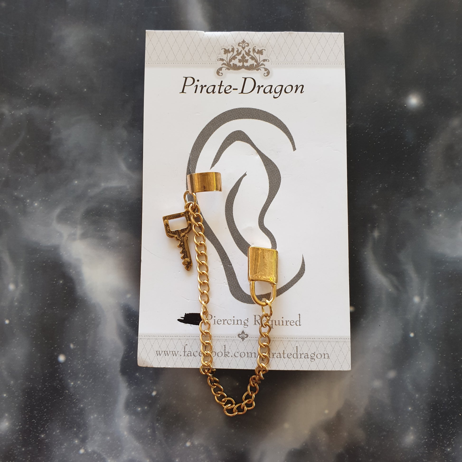 Gold Padlock & Key with Chains Pierced Earcuff (EC91609)
