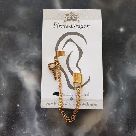 Gold Padlock & Key with Chains Pierced Earcuff (EC91609)
