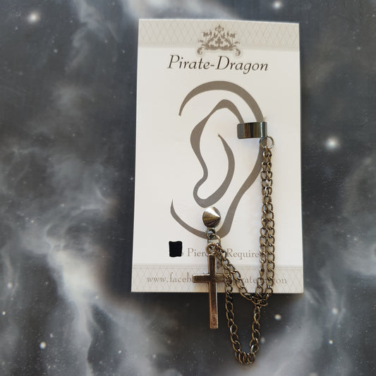 Gunmetal Cross with Chains Pierced Earcuff (EC91713)