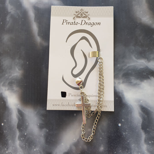 Silver Cross with Chains Pierced Earcuff (EC91720)