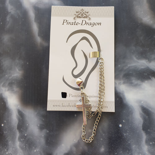 Silver Cross with Chains Pierced Earcuff (EC91720)