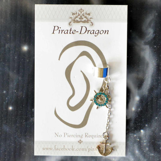 Blue Gem Ships Wheel & Silver Anchor Non-Pierced Ear Cuff (EC9177)