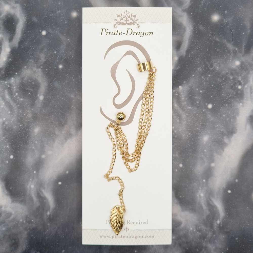 Gold Long Drop Leaf with Chains Pierced Earcuff (EC99900)