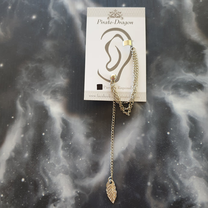 Silver Long Drop Leaf with Chains Pierced Earcuff (EC91820)
