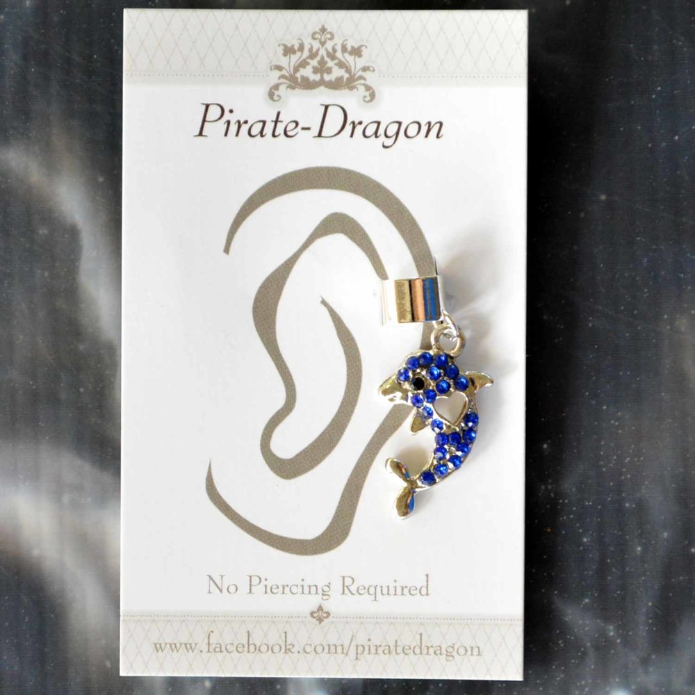 Dark Blue Gem Dolphin Non-Pierced Ear Cuff (EC9198)
