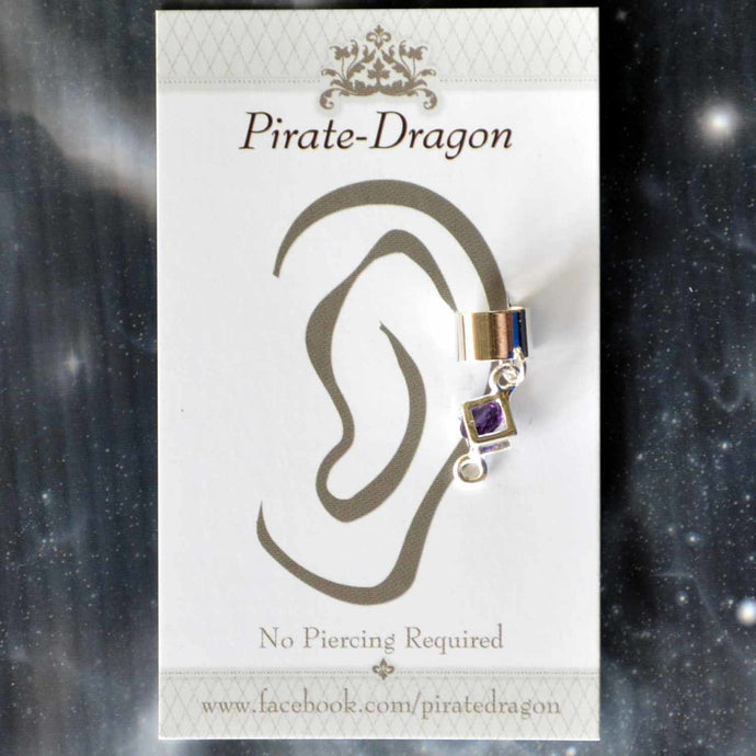 Silver Cube with Purple Gem Non-Pierced Ear Cuff (EC9245)