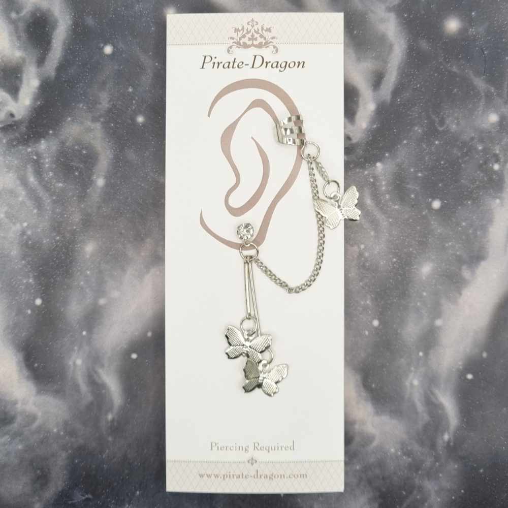 Silver Butterflies with Chains Pierced Earcuff (EC99362)