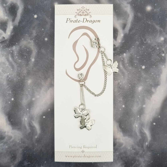 Silver Butterflies with Chains Pierced Earcuff (EC99362)