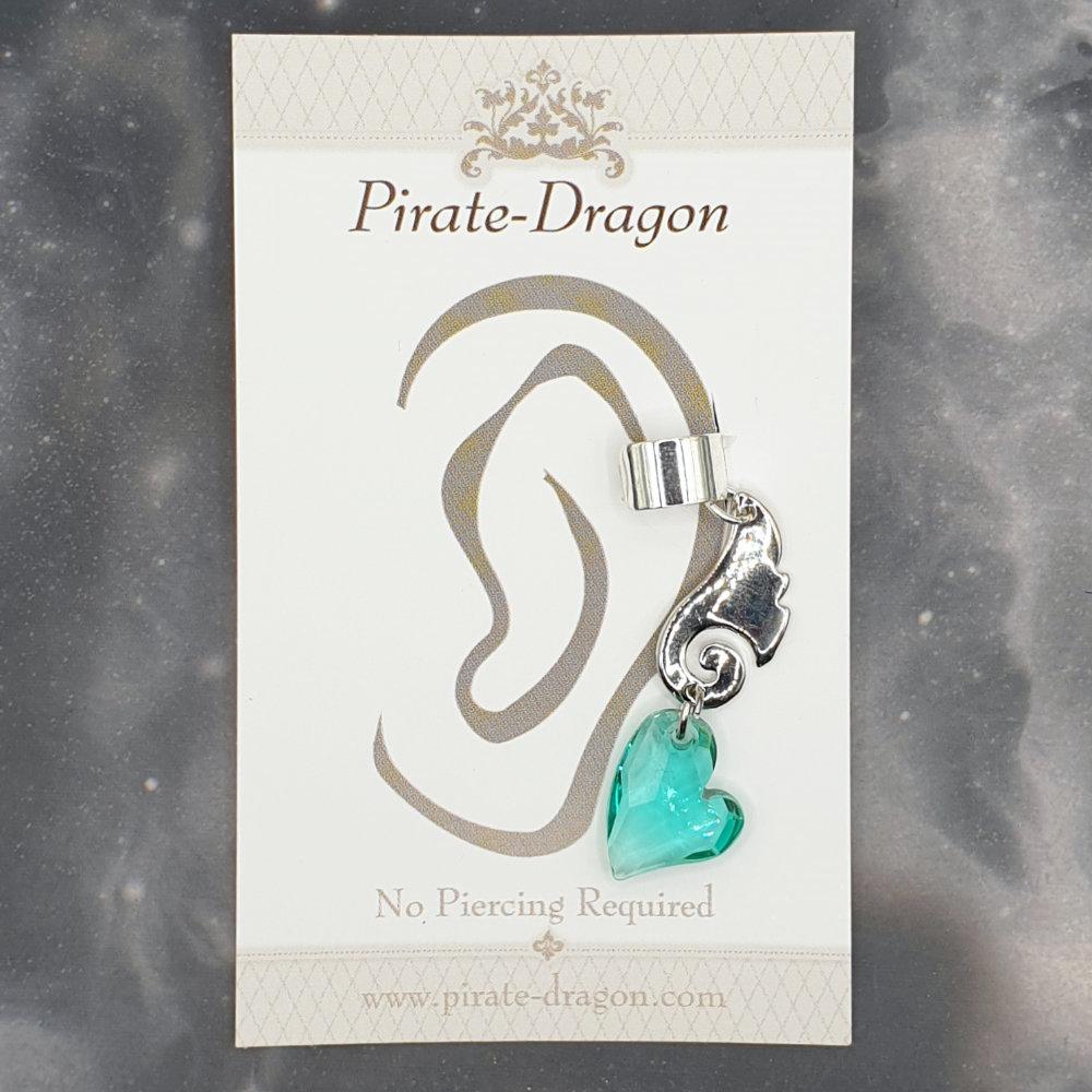 Silver Wave with Green Heart Non-Pierced Ear Cuff (EC9285)
