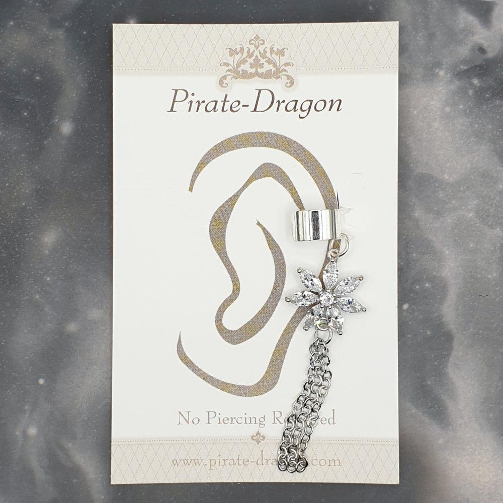 White Gem Flower with Chain Drops Non-Pierced Ear Cuff(EC9297)