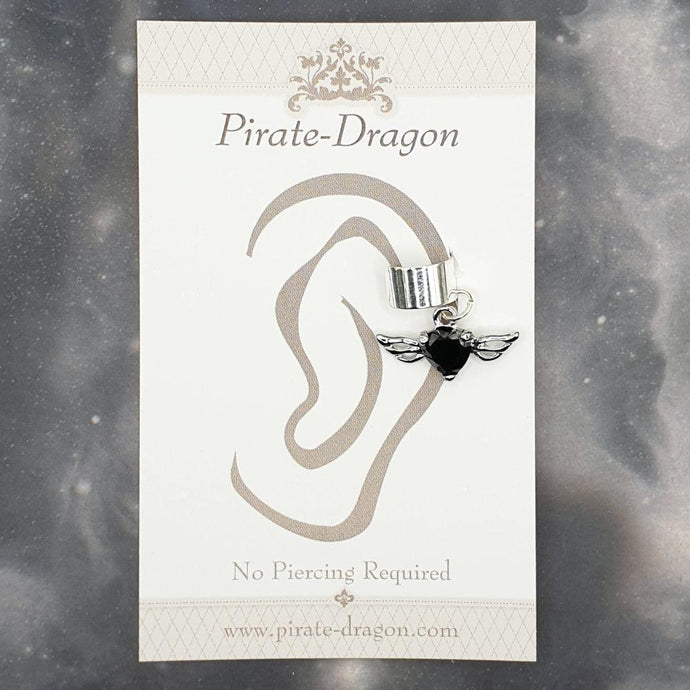 Black Gem Heart with Wings Non-Pierced Ear Cuff (EC9308)