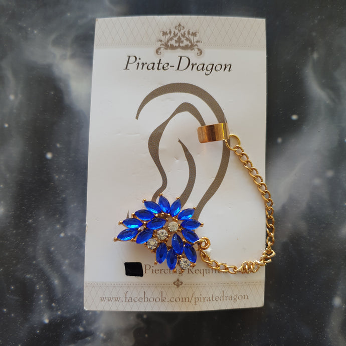 Blue Gem Flower with Chains Pierced Earcuff (EC93402)