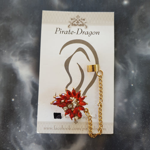 Red Gem Flower with Chains Pierced Earcuff (EC93419)