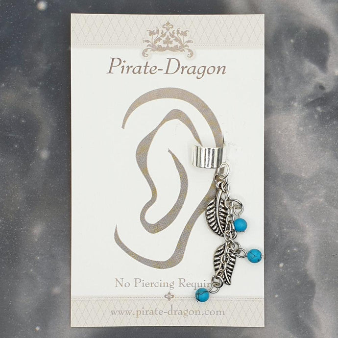 Silver Leaves with Blue Beads Non-Pierced Ear Cuff (EC9354)