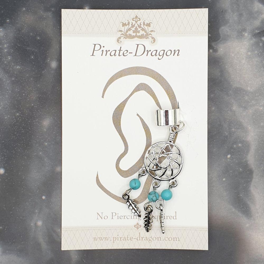 Silver Dreamcatcher with Blue Beads Non-Pierced Ear Cuff (EC9355)