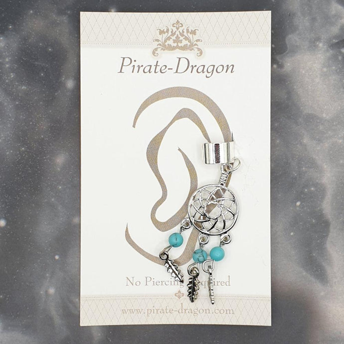 Silver Dreamcatcher with Blue Beads Non-Pierced Ear Cuff (EC9355)