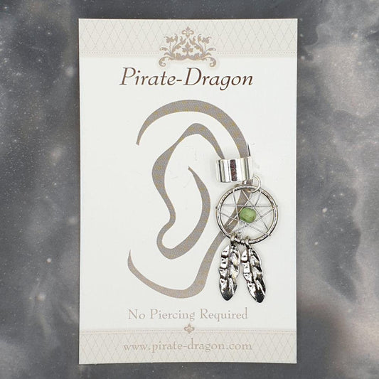 Silver Dreamcatcher with Green Bead Non-Pierced Ear Cuff (EC9356)