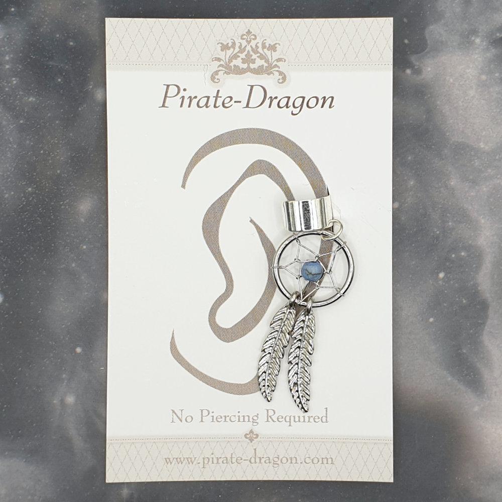 Silver Dreamcatcher with Blue Bead Non-Pierced Ear Cuff (EC9357)