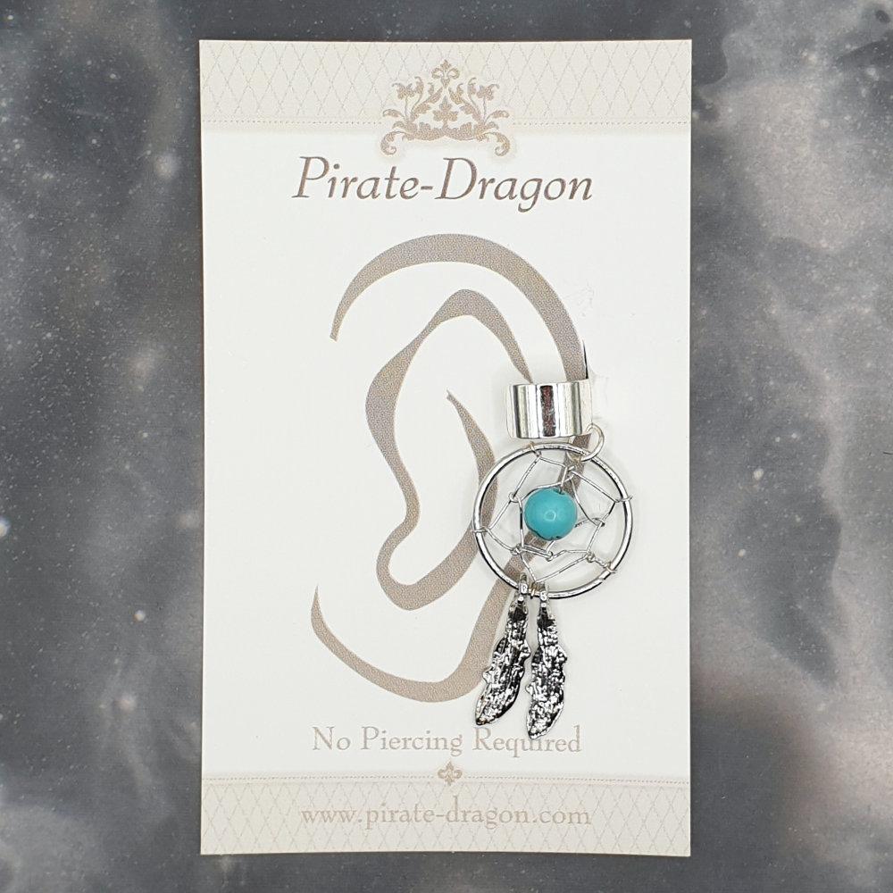 Silver Dreamcatcher with Blue Bead Non-Pierced Ear Cuff (EC9361)