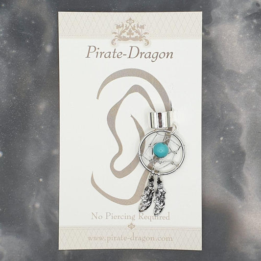Silver Dreamcatcher with Blue Bead Non-Pierced Ear Cuff (EC9361)
