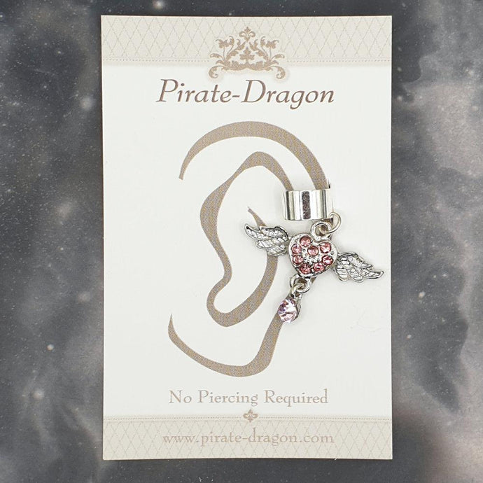 Pink Gem Heart with Wings Non-Pierced Ear Cuff (EC9372)