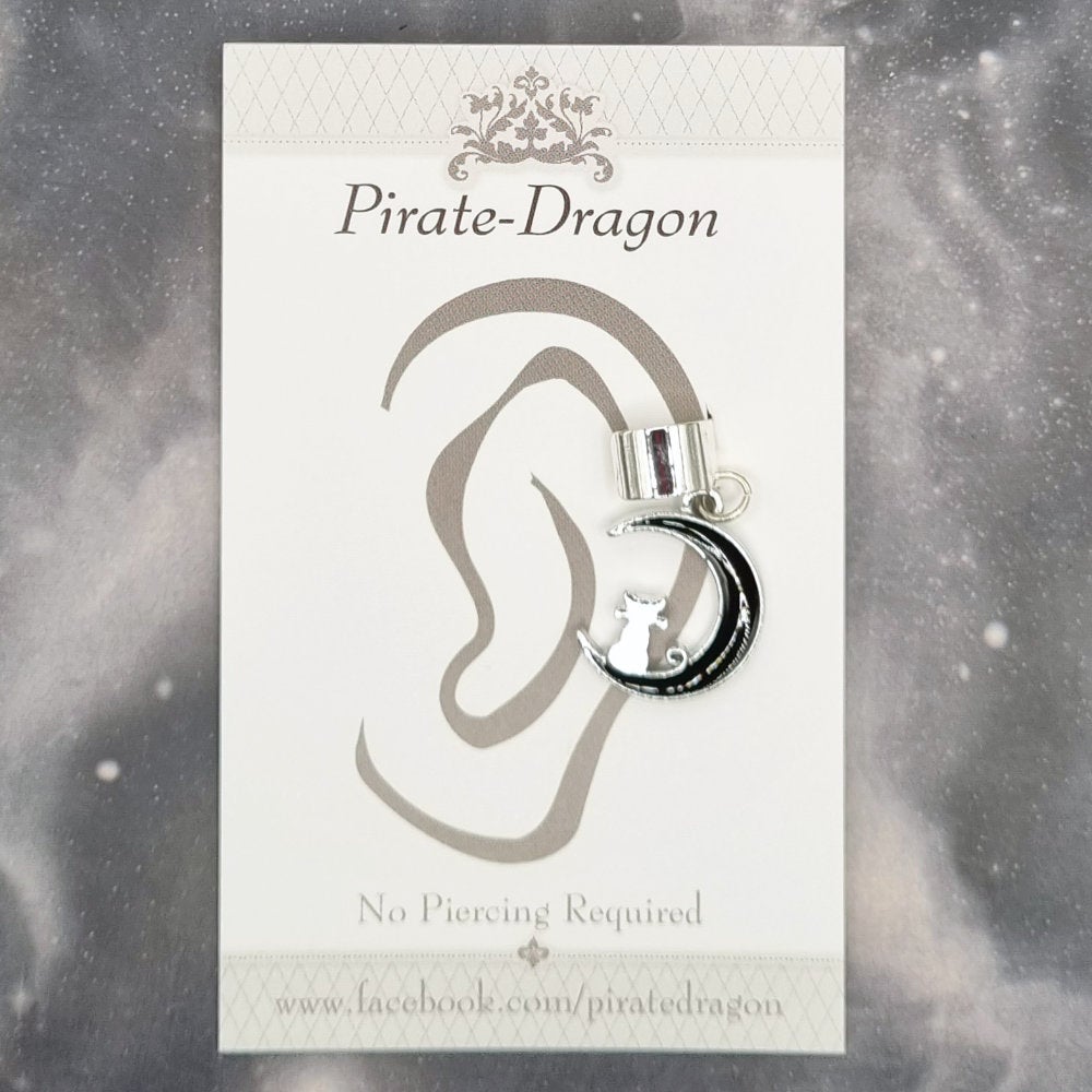 Silver Cat on Black Moon Non-Pierced Ear Cuff (EC9493)