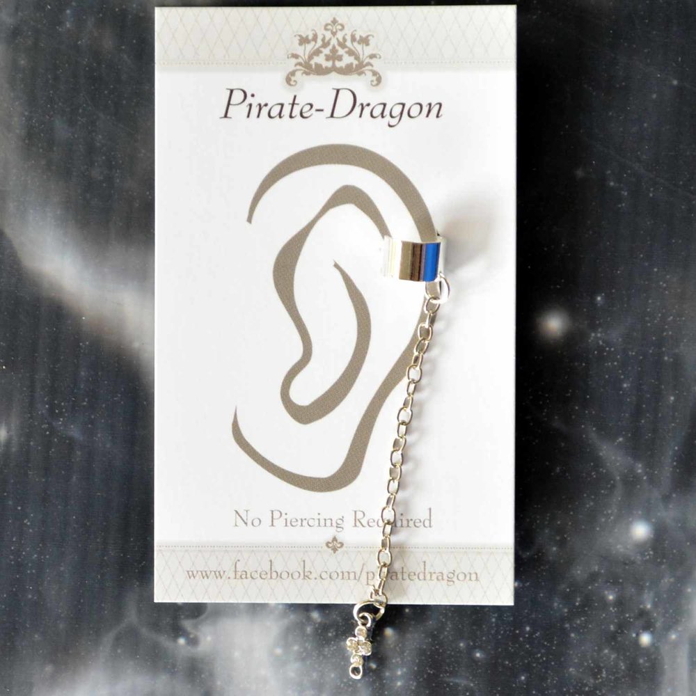 Silver Chain with Gem Cross Non-Pierced Ear Cuff (EC9606)