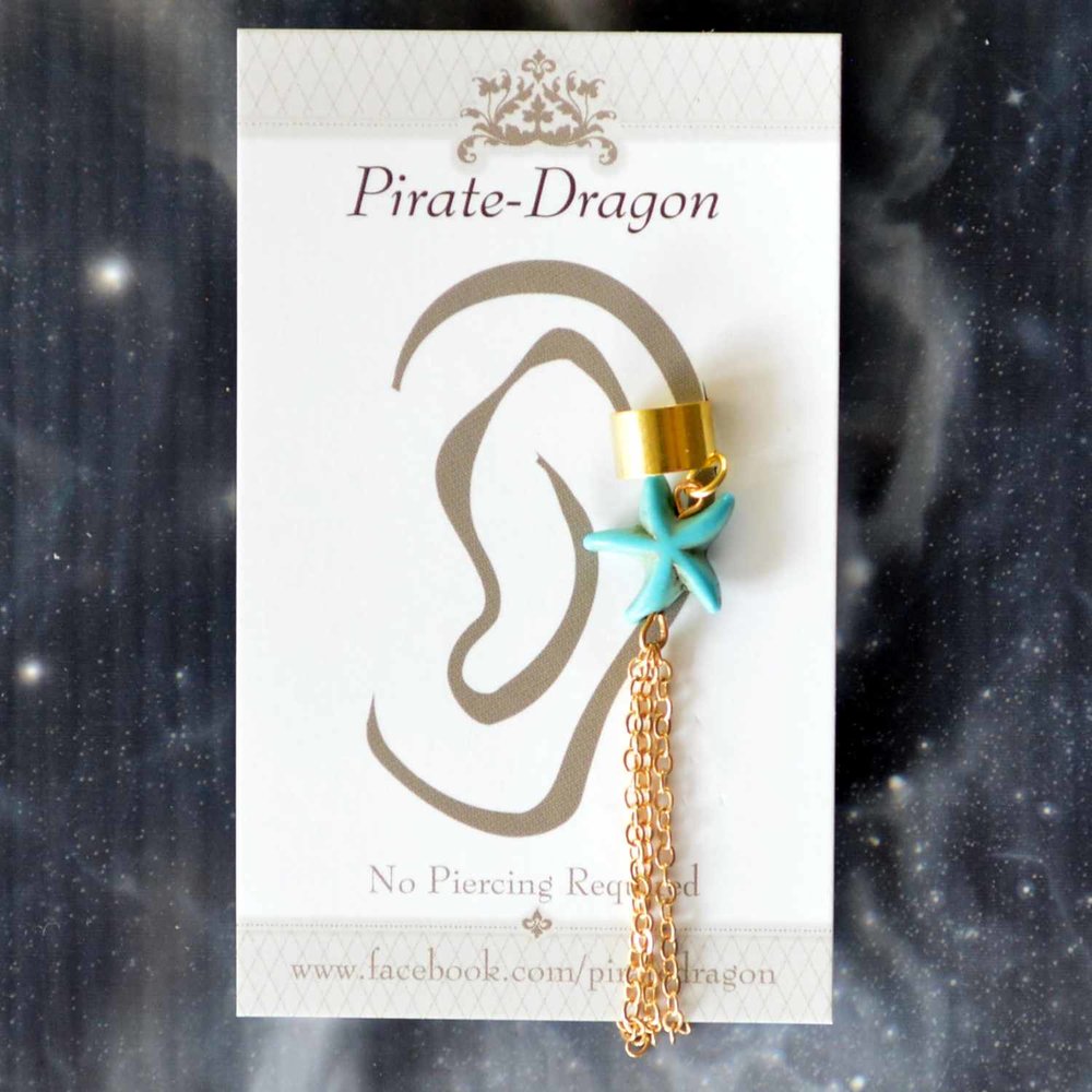 Blue Star with Gold Chains Non-Pierced Ear Cuff (EC9609)