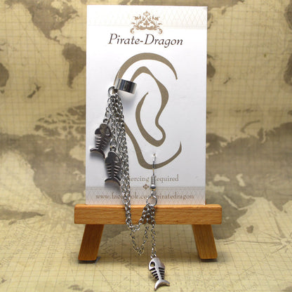 Pierced Earcuff - Silver Chains with Fish Skeletons (EC96120)