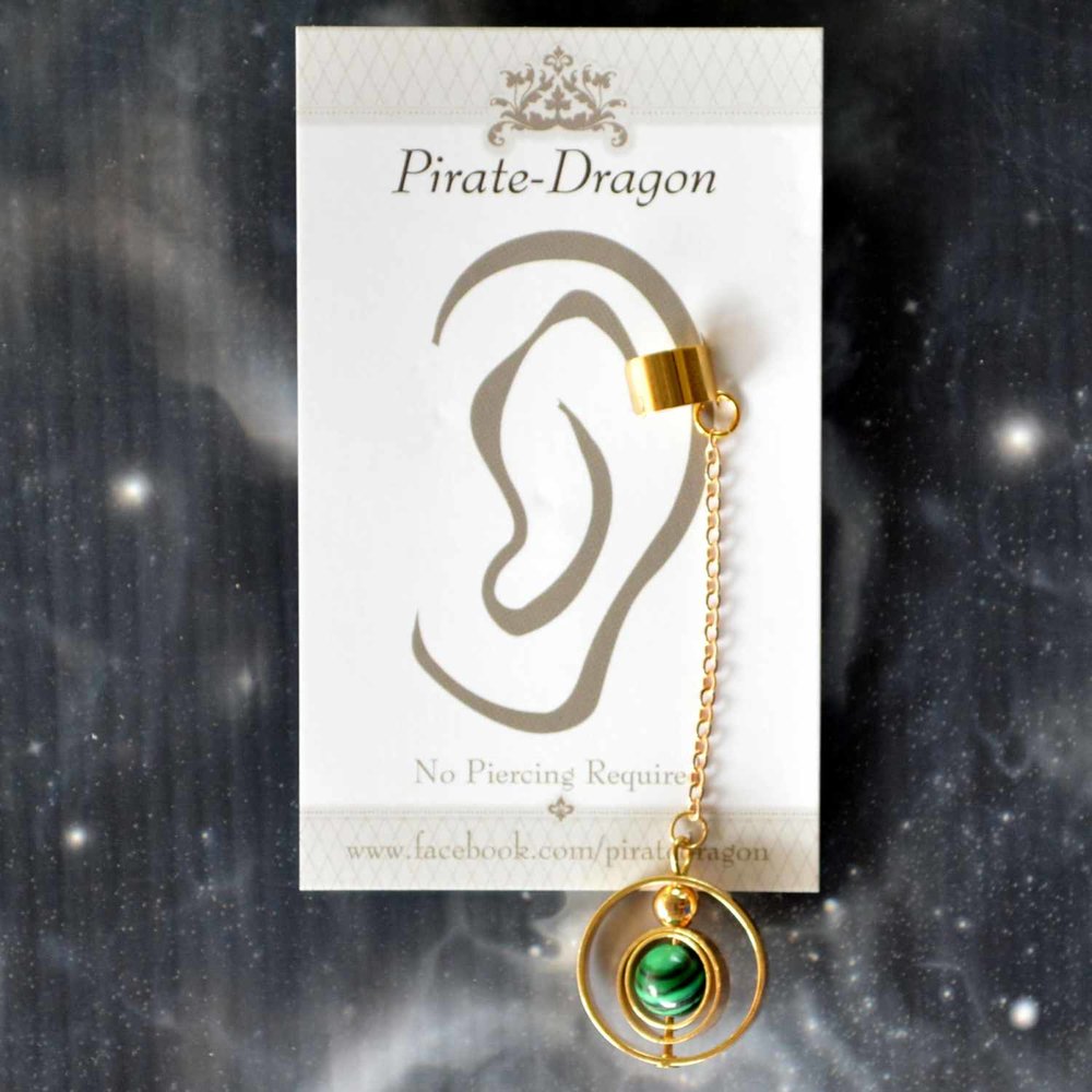 Green Bead on Gold Chain Non-Pierced Ear Cuff (EC9624)