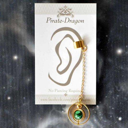 Green Bead on Gold Chain Non-Pierced Ear Cuff (EC9624)