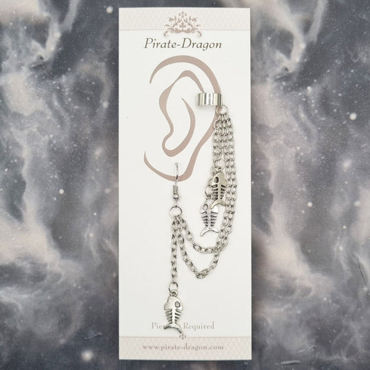 Small Silver Fish Skeletons with Silver Chains Pierced Earcuff (EC99967)