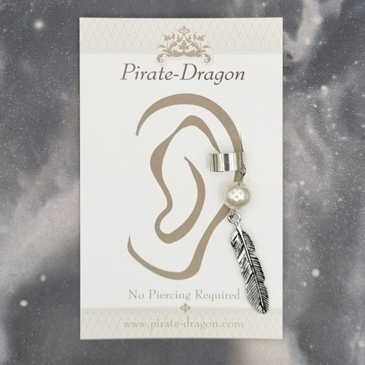 Silver Feather with Pearl Non-Pierced Ear Cuff (EC9687)