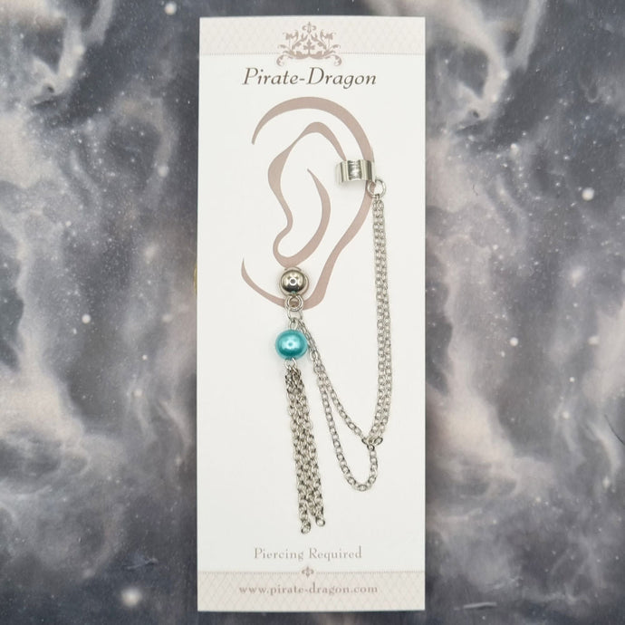Blue Bead with Silver Chains Pierced Earcuff (EC99003)