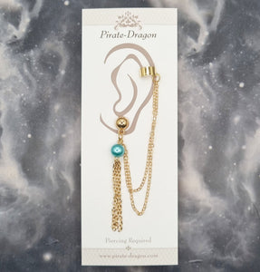 Blue Bead with Gold Chains Pierced Earcuff (EC99006)