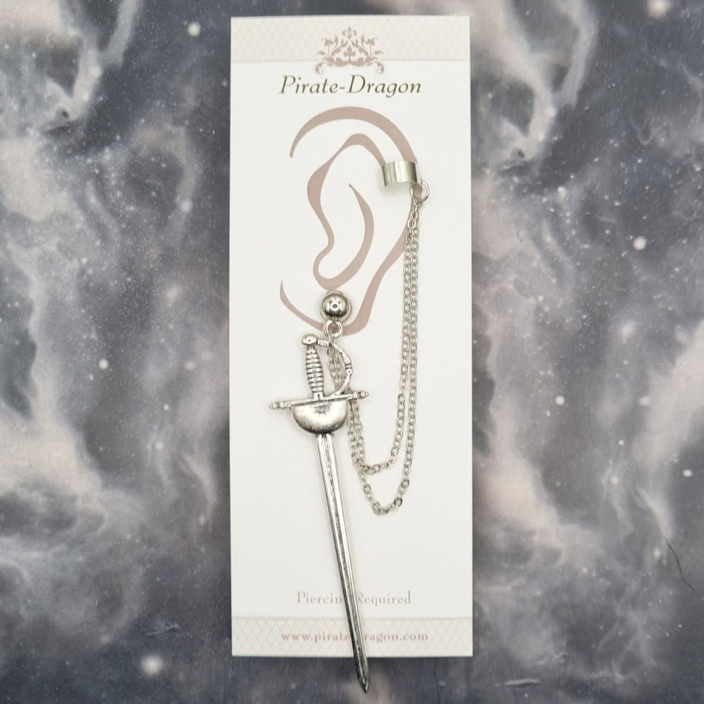 Silver Sword with Silver Chains Pierced Earcuff (EC99018)