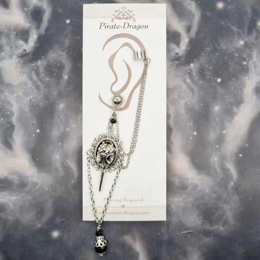 Silver Bird Skull & Black Drop with Silver Chains Pierced Earcuff (EC99025)