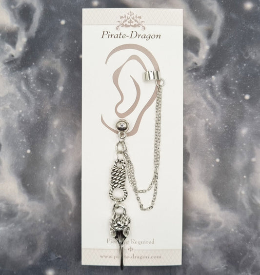 Silver Bird Skull & Noose with Silver Chains Pierced Earcuff (EC99026)