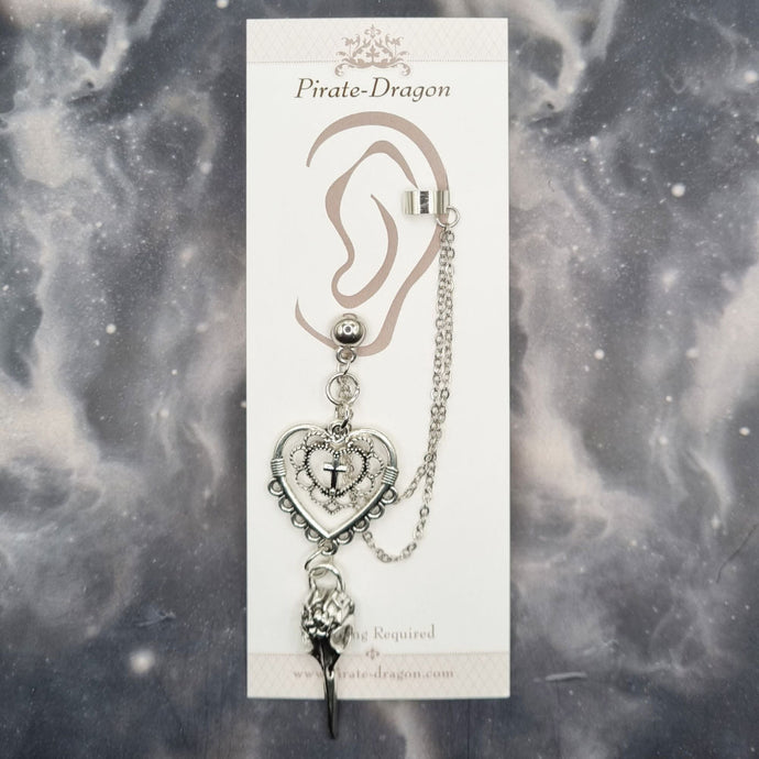 Silver Bird Skull & Heart with Silver Chains Pierced Earcuff (EC99027)