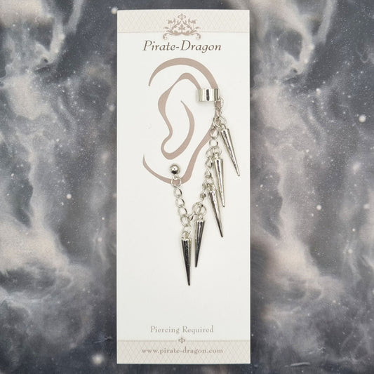 Silver Spikes on Chain Pierced Earcuff (EC99031)