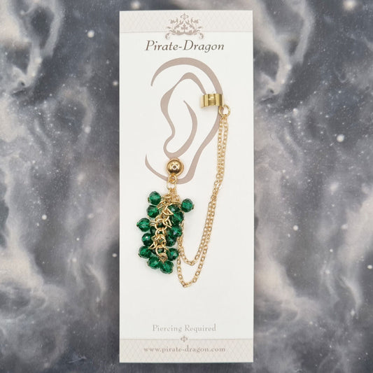Green Beads with Gold Chains Pierced Earcuff (EC99040)