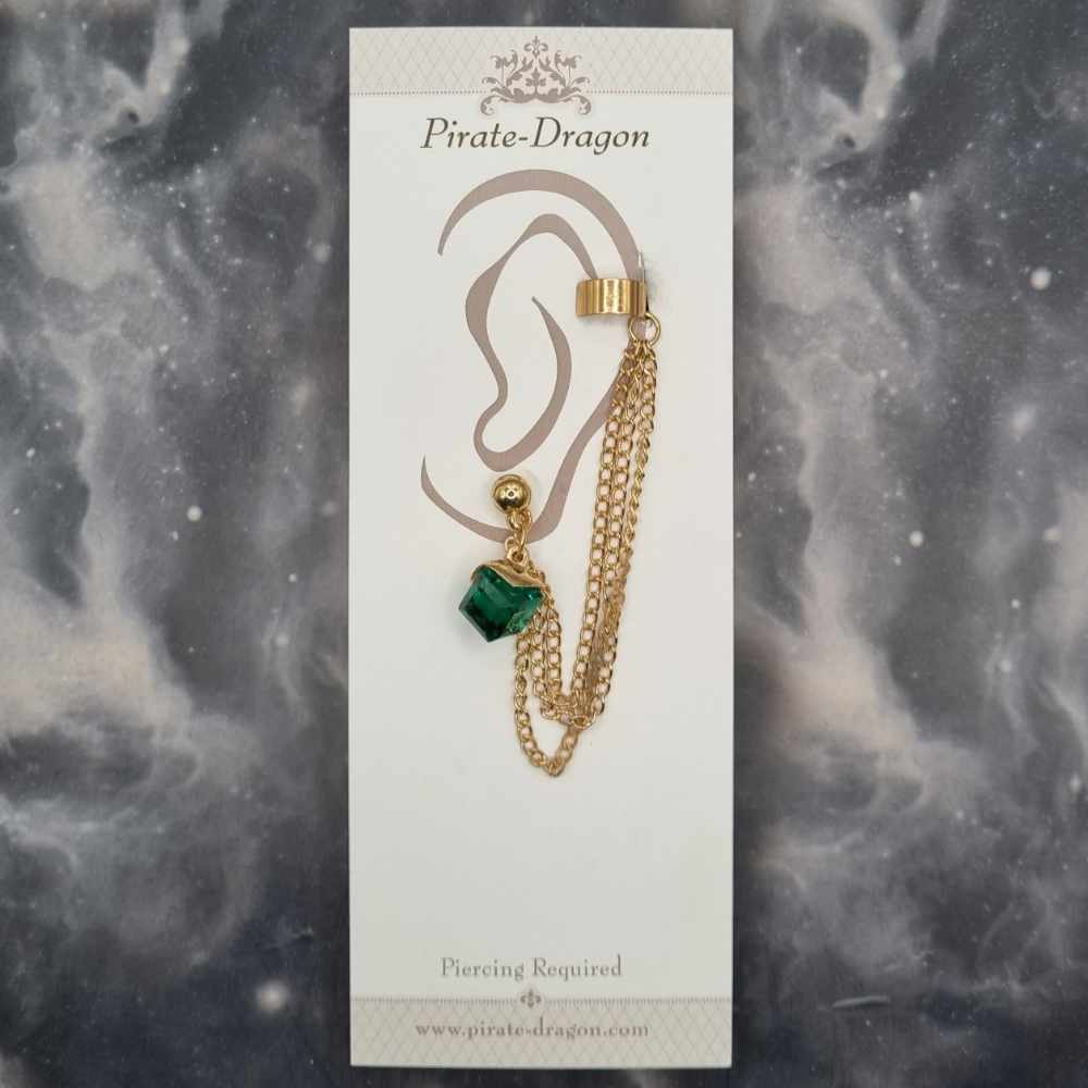 Dark Green Cube with Gold Chains Pierced Earcuff (EC99044)