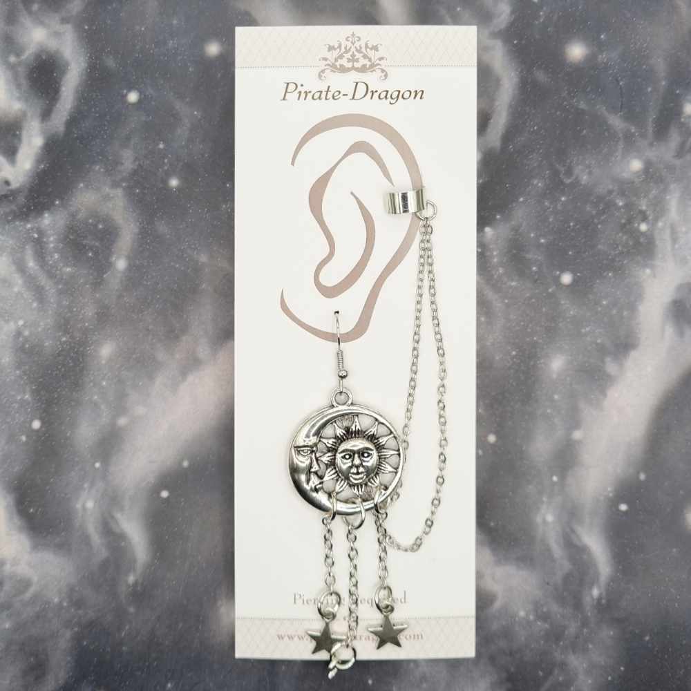Silver Moon Sun & Stars with Silver Chains Pierced Earcuff (EC99049)