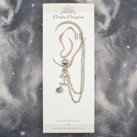 Silver Lizard with Silver Chains Pierced Earcuff (EC99050)