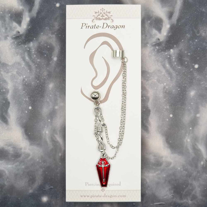 Red Coffin with Silver Chains Pierced Earcuff (EC99056)