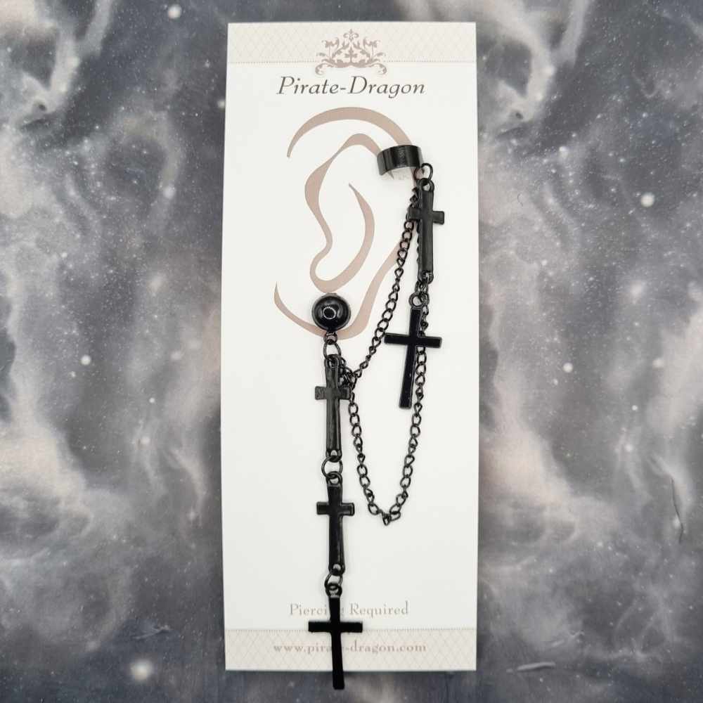 Black Crosses with Black Chains Pierced Earcuff (EC99058)