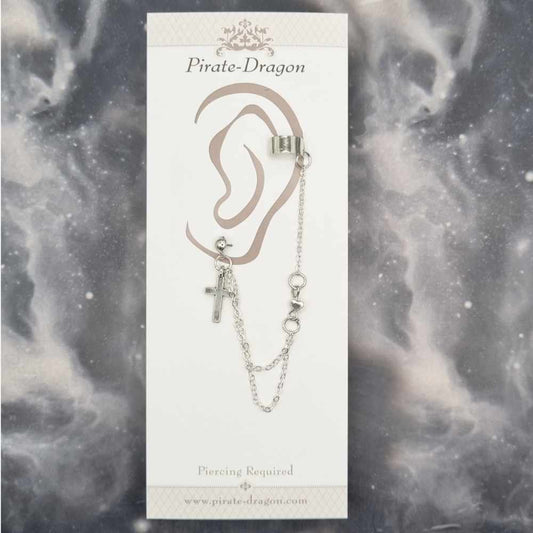 Silver Cross with Silver Chains Pierced Earcuff (EC99063)