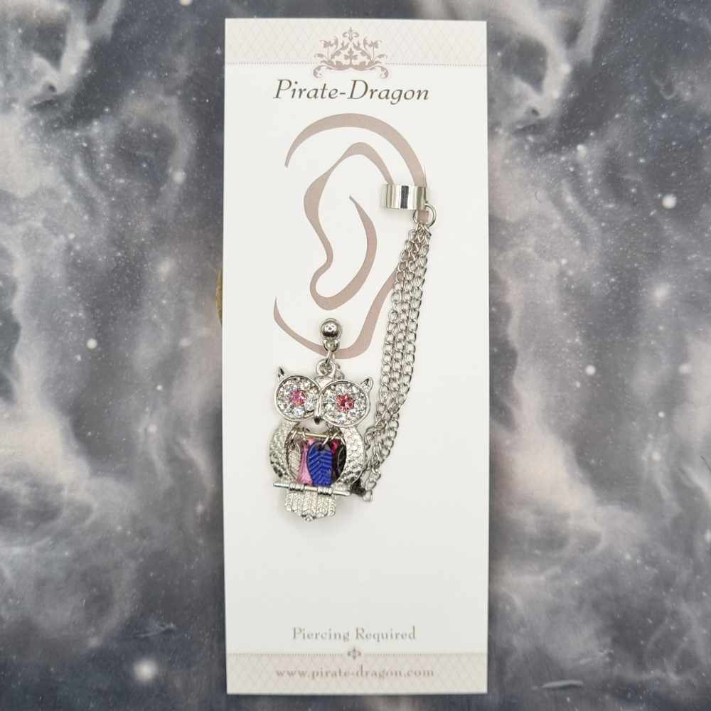 Large Multicolour Owl with Silver Chains Pierced Earcuff (EC99066)