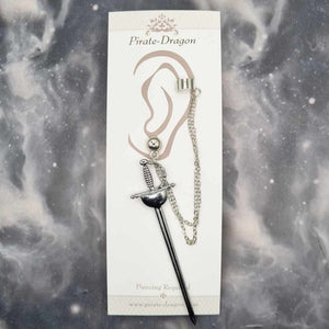 Gunmetal Sword with Silver Chains Pierced Earcuff (EC99068)